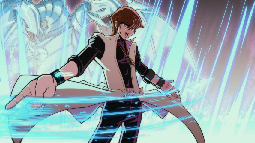 1boy absurdres bangs blue-eyes_twin_burst_dragon blue_eyes brown_hair card coat commentary duel_monster energy english_commentary from_below hair_between_eyes highres jewelry kaiba_seto male_focus necklace open_clothes open_coat open_mouth outstretched_arms pants phil_vzq shirt short_hair sleeveless_coat sleeves_rolled_up smile teeth tongue white_coat yu-gi-oh!