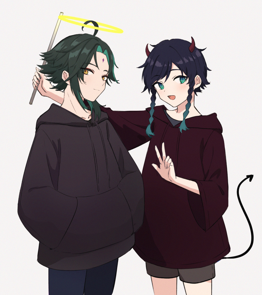 absurdres ahoge androgynous bangs black_hair blue_hair braid commentary_request cyenwl demon_boy demon_horns demon_tail diamond-shaped_pupils diamond_(shape) eyebrows_visible_through_hair eyeshadow facial_mark forehead_mark genshin_impact gradient_hair green_eyes green_hair grey_background grey_hoodie grey_shorts halo hand_in_pocket highres holding hood hood_down hoodie horns huge_filesize light_smile looking_at_viewer makeup male_focus multicolored_hair parted_bangs red_eyeshadow red_hoodie short_hair_with_long_locks shorts simple_background slit_pupils smile symbol-shaped_pupils tail twin_braids two-tone_hair v venti_(genshin_impact) white_background xiao_(genshin_impact) yellow_eyes