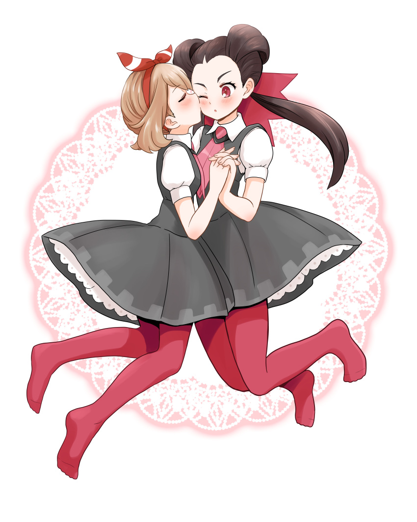 2girls absurdres bangs blush bow_hairband brown_hair closed_eyes collared_shirt commentary_request cosplay dress eyelashes grey_dress gym_leader hair_ribbon hairband highres holding_hand kiss kurosawa_karura long_hair may_(pokemon) multiple_girls necktie no_shoes one_eye_closed pantyhose pink_neckwear pokemon pokemon_(game) pokemon_oras red_hairband ribbon roxanne_(pokemon) roxanne_(pokemon)_(cosplay) shirt short_sleeves twintails white_shirt