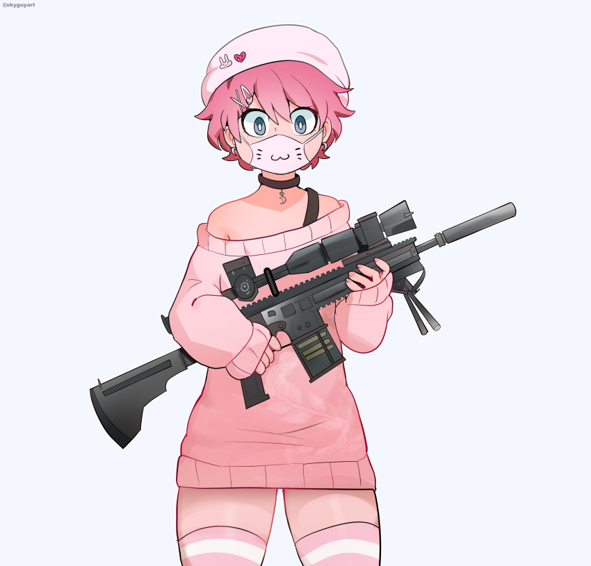 1boy absurdres bright_pupils choker cowboy_shot grey_eyes gun hair_ornament hairclip hat highres holding holding_gun holding_weapon looking_at_viewer male_focus mask mouth_mask ms_pigtails off-shoulder_sweater off_shoulder original otoko_no_ko pink_hair pink_legwear pink_sweater print_mask short_hair simple_background sleeves_past_wrists solo striped striped_legwear sweater weapon white_background white_pupils