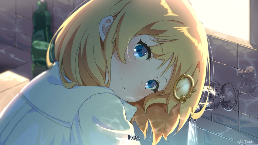 1girl bangs blonde_hair blue_eyes blush commentary_request english_text eyebrows_visible_through_hair faucet hair_ornament highres hololive hololive_english jl_tan long_sleeves looking_at_viewer monocle_hair_ornament shirt sink sky solo virtual_youtuber water watson_amelia white_shirt