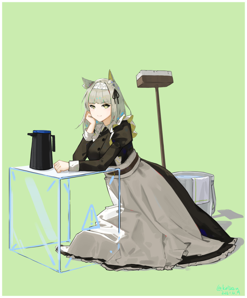 1girl absurdres airnery animal_ear_fluff animal_ears apron arknights black_blouse black_skirt blouse broom bucket bucket_of_water cat_ears commentary_request dated elbows_on_table frilled_apron frills full_body green_background green_eyes grey_hair hair_ribbon hand_on_own_chin highres kal'tsit_(arknights) kettle kneeling long_skirt looking_at_viewer maid maid_apron maid_headdress medium_hair official_alternate_costume ribbon shadow simple_background skirt solo twitter_username