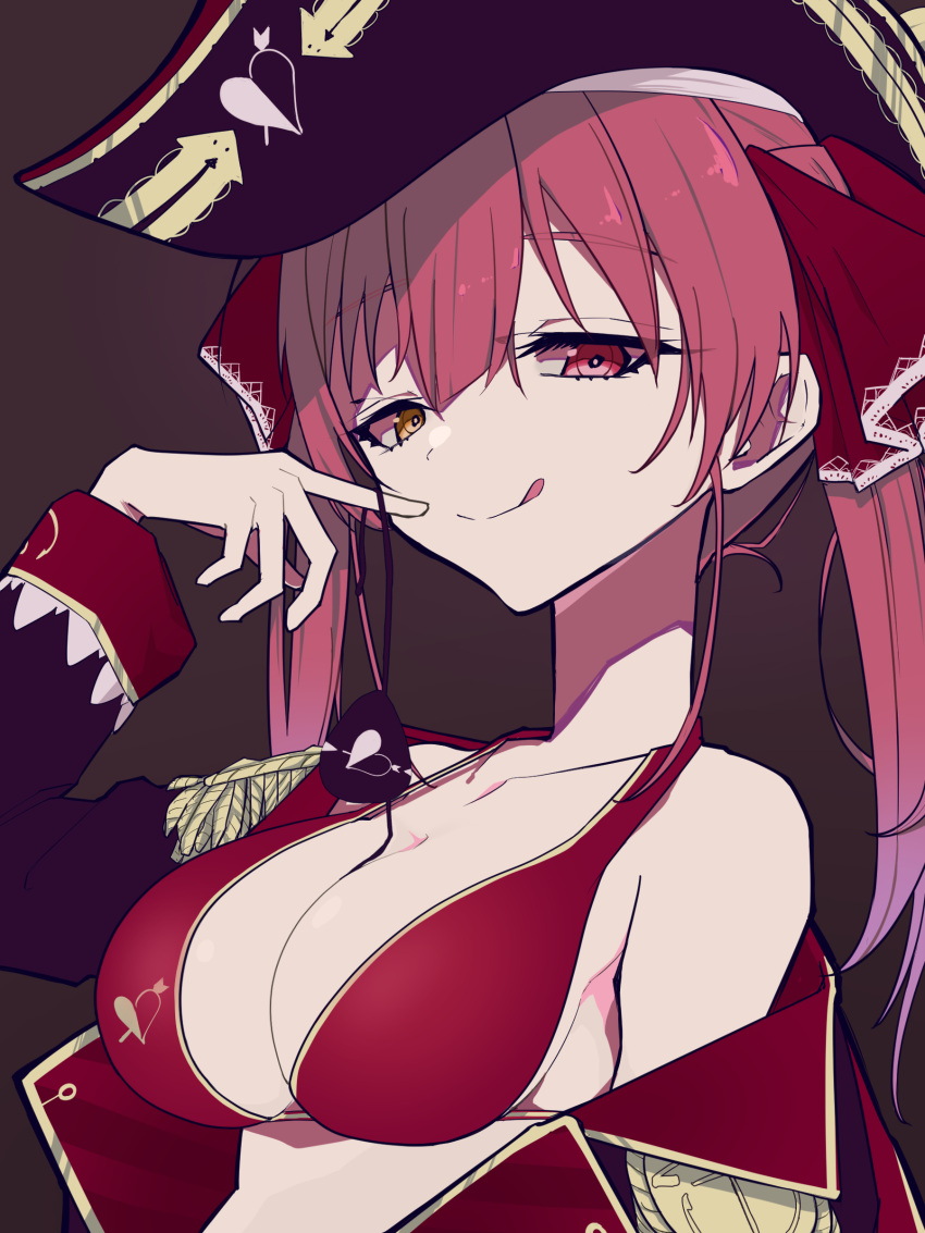 1girl :q absurdres bikini black_coat black_eyepatch breasts coat collarbone epaulettes eyepatch eyepatch_removed heterochromia highres hikap hololive houshou_marine large_breasts licking_lips looking_at_viewer off_shoulder pirate red_bikini red_eyes solo striped swimsuit tongue tongue_out upper_body vertical_stripes virtual_youtuber yellow_eyes