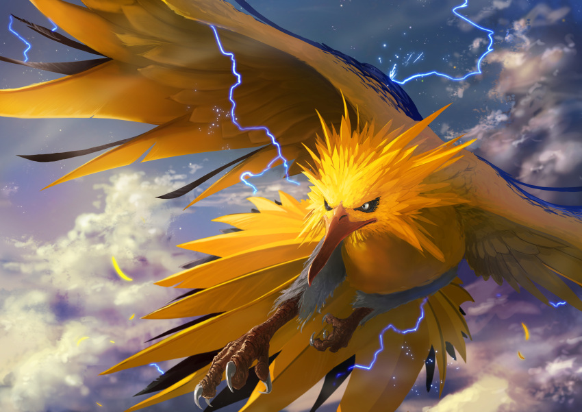 absurdres bird closed_mouth clouds commentary_request day electricity feathered_wings feathers gen_1_pokemon highres huge_filesize legendary_pokemon looking_to_the_side no_humans outdoors pokemon pokemon_(creature) sky solo talons teru_sakura wings zapdos