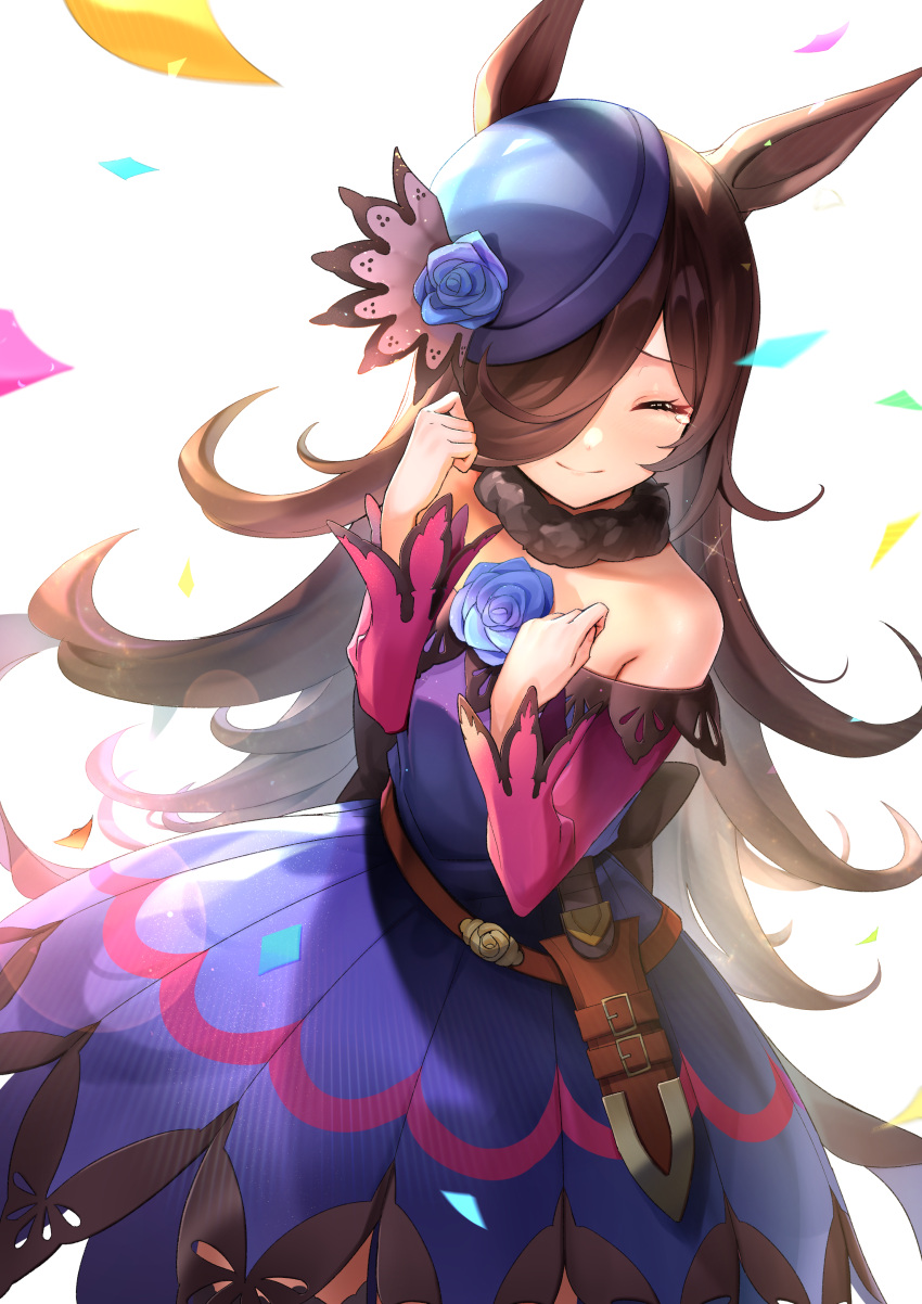 1girl ^_^ absurdres animal_ears bare_shoulders blue_flower blue_headwear blue_rose blush brown_hair closed_eyes commentary_request confetti crying dress flower fur_collar hair_over_one_eye hands_up hat hat_flower highres horse_ears lens_flare long_hair long_sleeves maeshimashi off-shoulder_dress off_shoulder pink_sleeves purple_dress rice_shower_(umamusume) rose sheath sheathed simple_background smile solo tears umamusume very_long_hair white_background