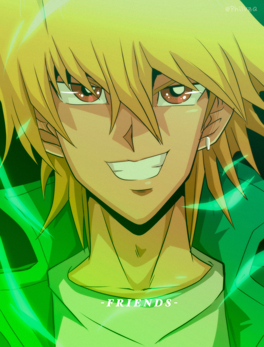 1boy absurdres bangs blonde_hair bright_pupils brown_eyes clenched_teeth commentary green_jacket grin hair_between_eyes highres jacket jounouchi_katsuya male_focus phil_vzq popped_collar shirt smile solo t-shirt teeth white_pupils white_shirt yu-gi-oh! yu-gi-oh!_duel_monsters