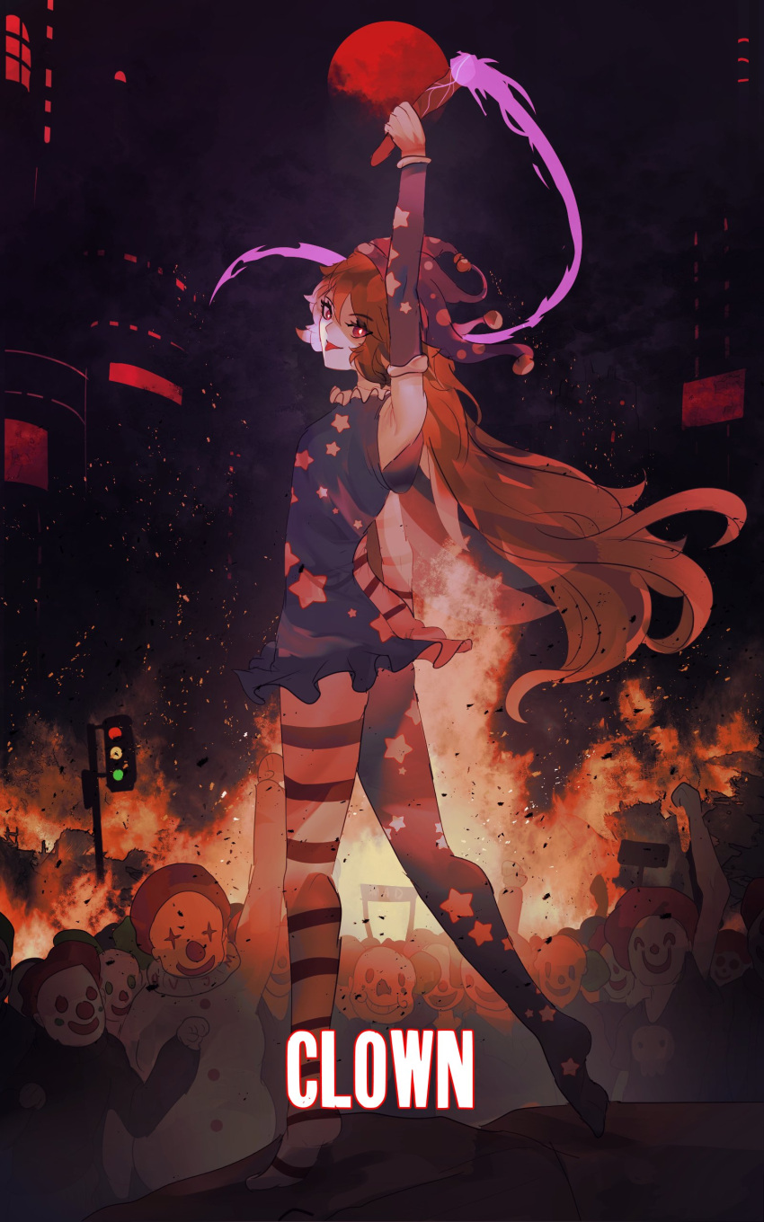 absurdres american_flag armpits blonde_hair clownpiece detached_sleeves dress fairy fairy_wings fire frilled_shirt_collar frills hat highres jester_cap joker_(2019) leggings long_hair looking_at_viewer naufaldreamer neck_ruff pantyhose polka_dot tongue tongue_out torch touhou traffic_light very_long_hair wings