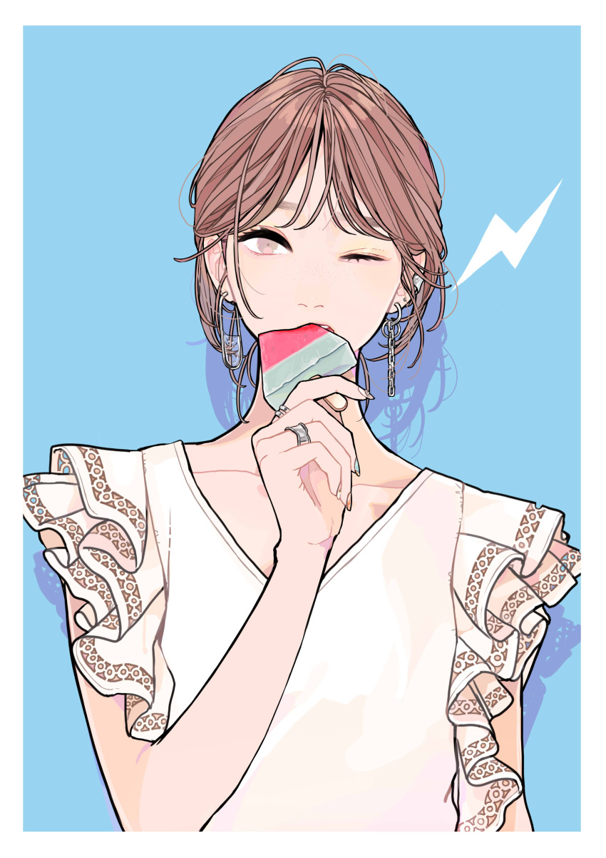 1girl absurdres blouse blue_background brown_eyes brown_hair collarbone earrings eating food frilled_blouse hand_up highres jewelry kko_(um7mr) lightning_bolt_symbol one_eye_closed original popsicle ring shadow solo upper_body watermelon_slice white_background white_blouse