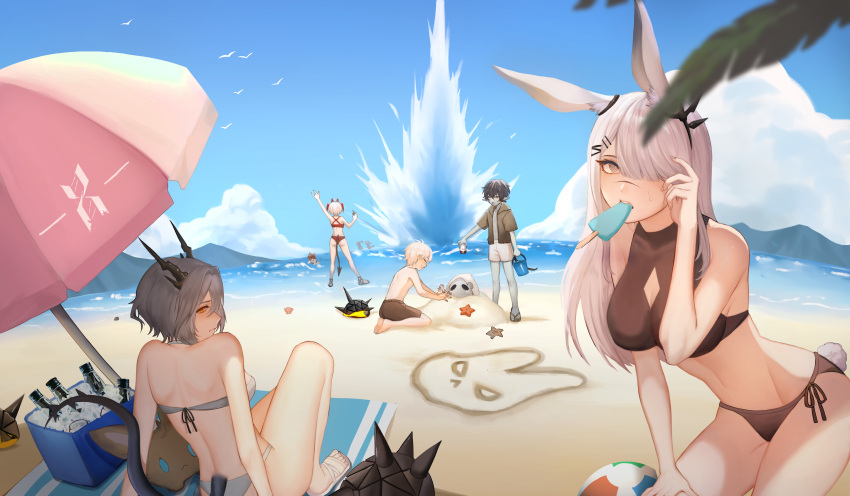 1other 2boys 4girls absurdres animal_ears arknights bangs bare_legs bare_shoulders beach beach_towel bikini black_bikini blue_sky bunny_tail chinese_commentary clouds commentary_request crownslayer_(arknights) day faust_(arknights) food food_in_mouth from_behind frostnova_(arknights) grey_bikini hair_over_one_eye hand_up highres horns looking_at_viewer looking_back mephisto_(arknights) mouth_hold multiple_boys multiple_girls navel ocean originium_slug_(arknights) outdoors oxygen popsicle profile rabbit_ears reunion_logo_(arknights) reunion_soldier_(arknights) scar scar_on_face scar_on_nose short_hair side-tie_bikini silver_hair sky stomach swimsuit tail talulah_(arknights) thighs towel w_(arknights) water yellow_eyes