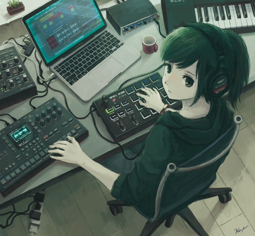 1girl at_computer audio_sequencer black_eyes black_hair chair computer cup desk from_above headphones instrument kensight328 keyboard_(instrument) laptop looking_at_viewer mole mole_under_eye mug original ponytail power_strip shadow signature sitting solo