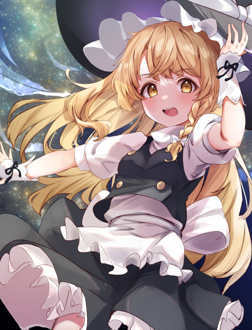 1girl :d apron azuma_hiryu bangs black_ribbon black_skirt black_vest blonde_hair blush bow braid breasts buttons commentary_request cowboy_shot eyebrows_visible_through_hair frills hair_bow hair_ribbon hand_on_headwear hand_up hat hat_bow highres kirisame_marisa long_hair looking_at_viewer night night_sky open_mouth outstretched_arm petticoat puffy_short_sleeves puffy_sleeves ribbon short_sleeves side_braid single_braid skirt sky small_breasts smile solo star_(sky) touhou tress_ribbon vambraces very_long_hair vest waist_apron white_apron white_bow witch_hat wrist_guards yellow_eyes