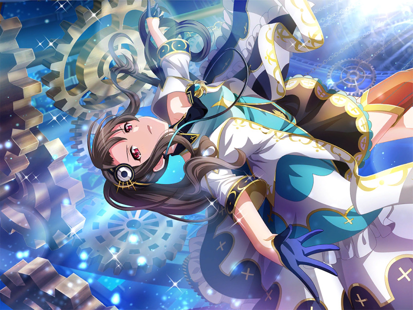 1girl akikaze_rui bare_shoulders boots brown_hair chain clockwork collar dress ear_clip floating frilled_dress frills game_cg gears gloves green_dress hair_ornament half_gloves light_rays long_hair long_jacket looking_at_viewer outstretched_arms ponytail red_eyes serious short_sleeves shoujo_kageki_revue_starlight shoujo_kageki_revue_starlight_-re_live- sparkle thigh-highs thigh_boots wavy_hair