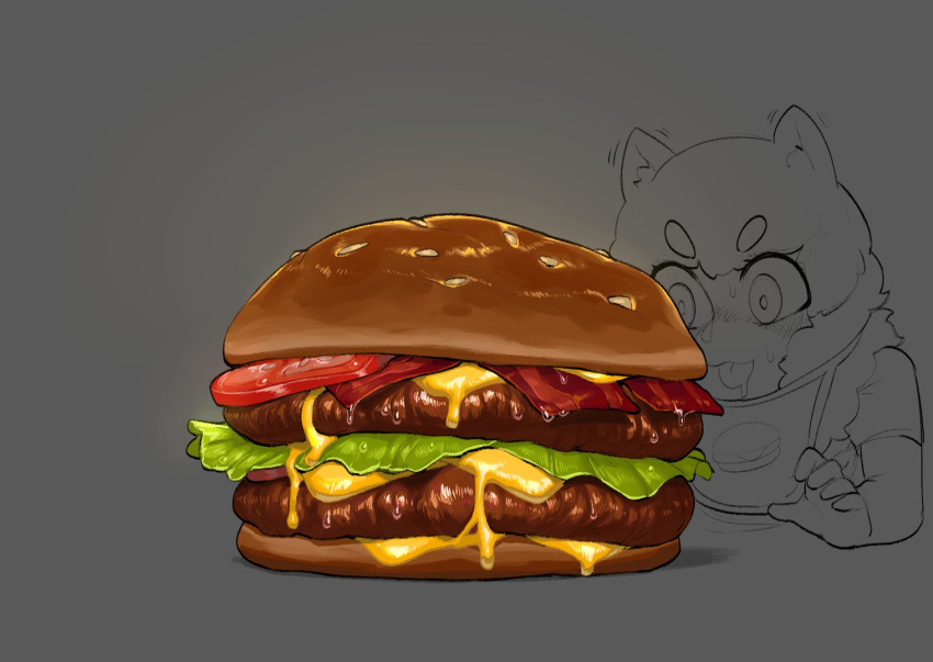 1girl animal_ears bacon cheese dog_ears dog_girl eyebrows_visible_through_hair felicia_(krekk0v) food food_focus hamburger krekk0v lettuce meat original solo tomato