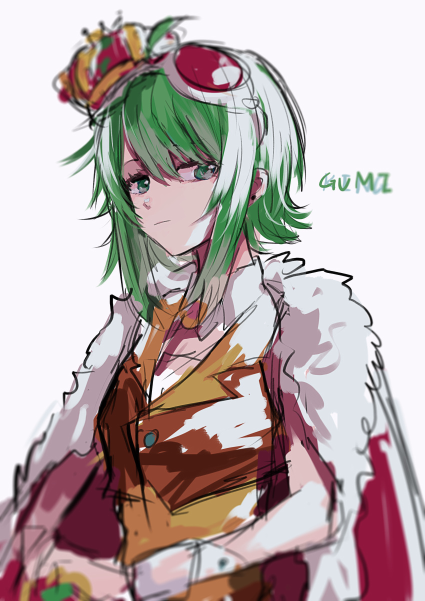 1girl absurdres blurry cape character_name commentary crown depth_of_field expressionless fur-trimmed_cape fur_trim gomiyama green_eyes green_hair gumi half-closed_eyes highres king_(vocaloid) looking_at_viewer orange_vest red_cape shirt short_hair sidelocks sideways_glance sketch solo upper_body vest vocaloid white_background wrist_cuffs yellow_shirt