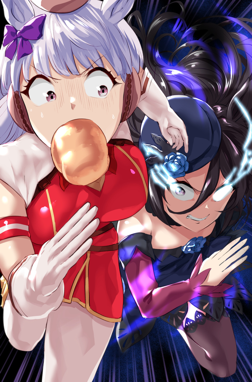 2girls animal_ears bangs belt black_hair blue_flower blue_rose bow breasts clenched_teeth commentary_request dress elbow_gloves eyebrows_visible_through_hair flower food gloves gold_ship_(umamusume) hair_bow hat hat_flower highres horse_ears large_breasts long_hair looking_at_another multiple_girls rice_shower_(umamusume) rose sweat teeth thigh-highs thighs uenoryoma umamusume violet_eyes white_gloves