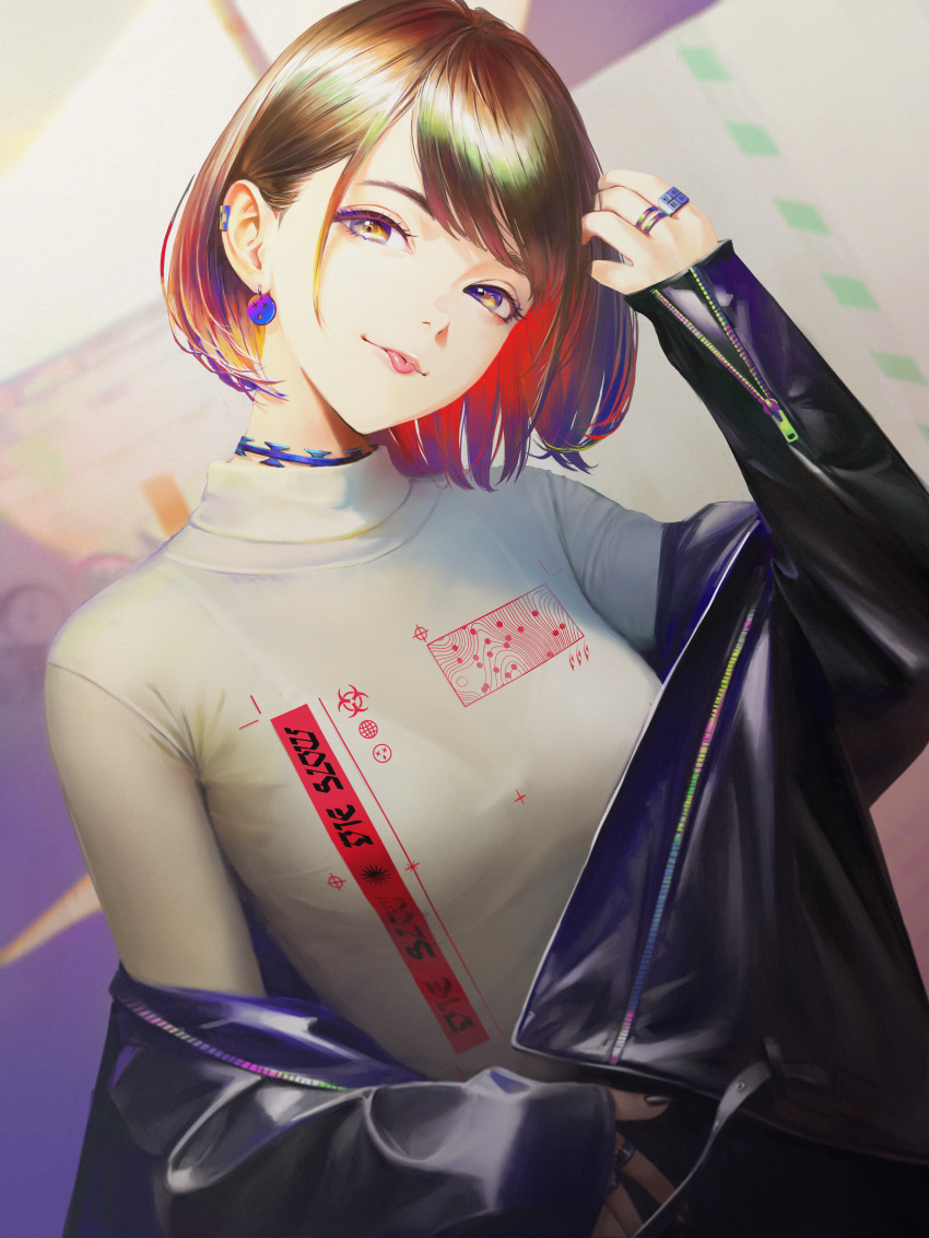 1girl :p absurdres arata_yokoyama bangs black_eyes black_nails bob_cut bralines breasts brown_hair choker earrings highres huge_filesize jacket jewelry looking_at_viewer original ring short_hair sleeves_past_wrists smile solo tongue tongue_out