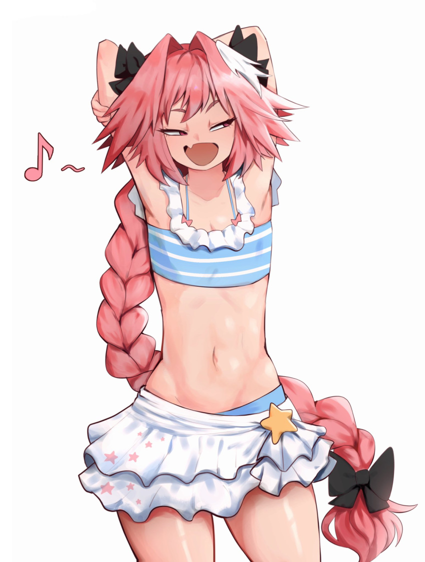 1boy arms_behind_head astolfo_(fate) black_bow bow braid braided_ponytail eighth_note fate/apocrypha fate_(series) hair_bow highres long_hair low-tied_long_hair male_focus midriff ms_pigtails musical_note navel otoko_no_ko pink_hair ponytail simple_background single_braid skirt solo star_(symbol) strapless tubetop very_long_hair white_background white_skirt