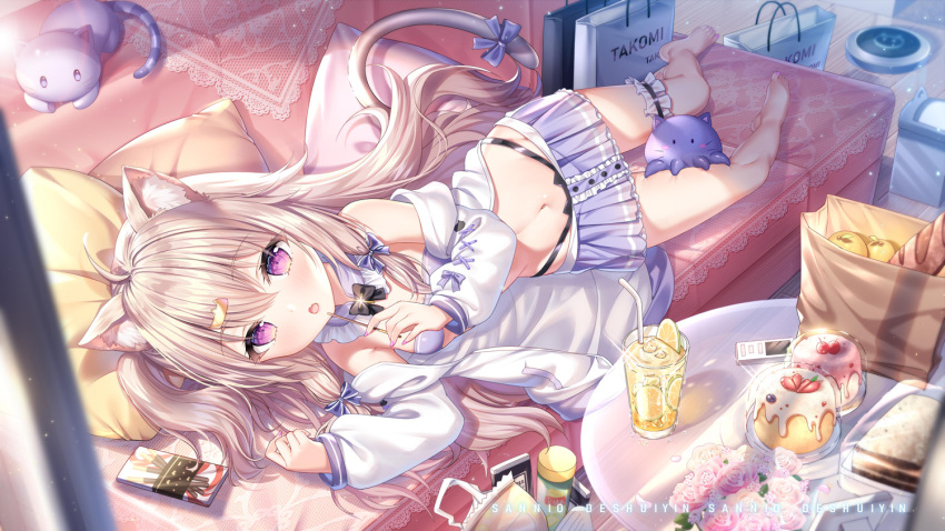 1girl :o ahoge animal_ear_fluff animal_ears bandeau bare_shoulders black_panties bow bowtie cake cat_ears couch cup detached_collar drinking_glass fang food hair_ornament hairclip highleg highleg_panties indie_virtual_youtuber jacket leg_garter long_hair long_sleeves looking_at_viewer lying midriff miniskirt navel off_shoulder on_couch on_side open_clothes open_jacket open_mouth panties pleated_skirt purple_skirt sannio skirt solo stomach strapless string_panties table tail tail_bow tail_ornament thighs tubetop underwear violet_eyes virtual_youtuber white_jacket