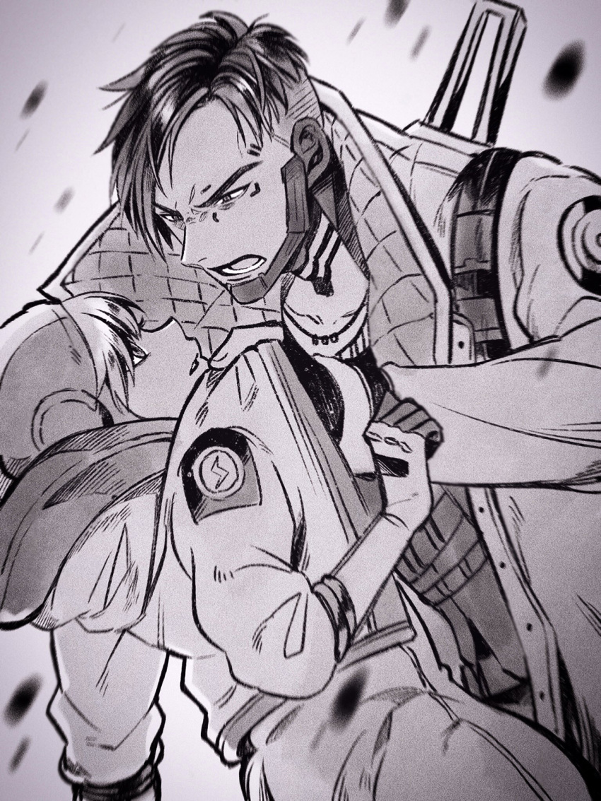 1boy 1girl apex_legends bangs clothes_grab collarbone crypto_(apex_legends) greyscale highres hood hooded_jacket jacket jacket_grab jewelry leaning_forward looking_down looking_up monochrome mozuwaka necklace open_mouth parted_hair parted_lips shouting undercut wattson_(apex_legends)