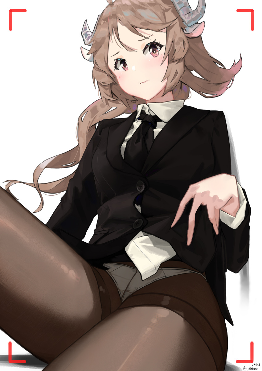 1girl absurdres airnery animal_ears arknights black_legwear black_neckwear brown_hair collared_shirt commentary_request cowboy_shot dress_shirt embarrassed eyjafjalla_(arknights) goat_ears goat_horns highres horns light_blush long_hair looking_at_viewer necktie panties panties_under_pantyhose pantyhose pink_eyes shirt simple_background sitting solo suit_jacket underwear viewfinder white_background white_shirt
