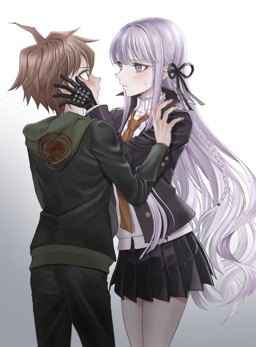 1boy 1girl absurdres ass bangs black_jacket black_pants black_ribbon black_skirt blush braid brown_hair brown_hoodie chi_(cncntikuwa) collared_shirt commentary_request dangan_ronpa:_trigger_happy_havoc dangan_ronpa_(series) eye_contact gloves gradient gradient_background grey_background hair_ribbon hand_on_another's_cheek hand_on_another's_face highres hood hood_down hoodie jacket kirigiri_kyouko legs_together long_hair long_sleeves looking_at_another naegi_makoto necktie open_clothes open_jacket orange_neckwear pale_skin pants pleated_skirt ribbon shirt short_hair side_braid skirt white_shirt