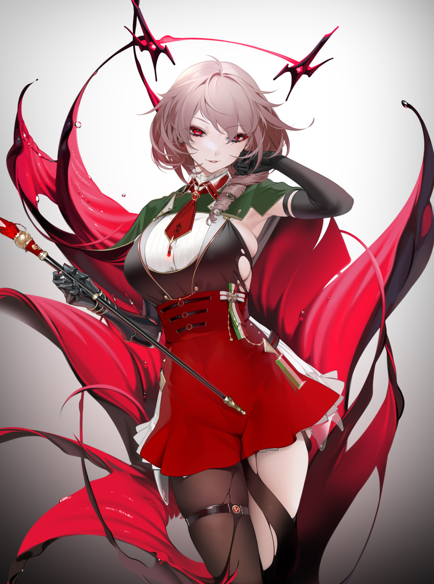 1girl absurdres armpits azur_lane bangs black_gloves black_legwear breasts brown_hair collared_shirt contrapposto cowboy_shot drill_hair duca_degli_abruzzi_(azur_lane) earrings elbow_gloves gloves gradient gradient_background grey_background hand_in_hair hand_up highres holding italian_flag jewelry large_breasts looking_at_viewer necktie official_art ohisashiburi parted_lips red_eyes red_neckwear red_skirt ribbon shirt shirt_tucked_in short_hair short_necktie single_leg_pantyhose skindentation skirt sleeveless smile solo standing tagme thigh_strap torn_clothes torn_legwear white_skirt