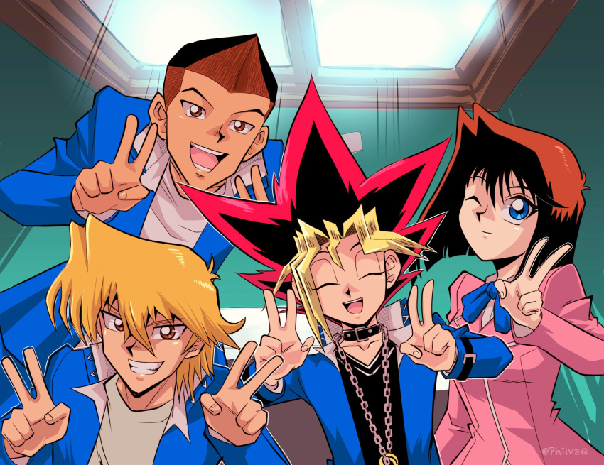 1girl 3boys artist_name bangs black_hair blonde_hair blue_eyes blue_jacket blue_ribbon brown_eyes brown_hair chain clenched_teeth closed_mouth collar commentary double_v english_commentary grin hair_between_eyes highres honda_hiroto indoors jacket jounouchi_katsuya long_sleeves mazaki_anzu multiple_boys mutou_yuugi neck_ribbon one_eye_closed open_clothes open_jacket open_mouth phil_vzq pink_jacket pose ribbon shirt smile spiky_hair teeth tongue upper_teeth v watermark white_shirt yu-gi-oh! yu-gi-oh!_duel_monsters