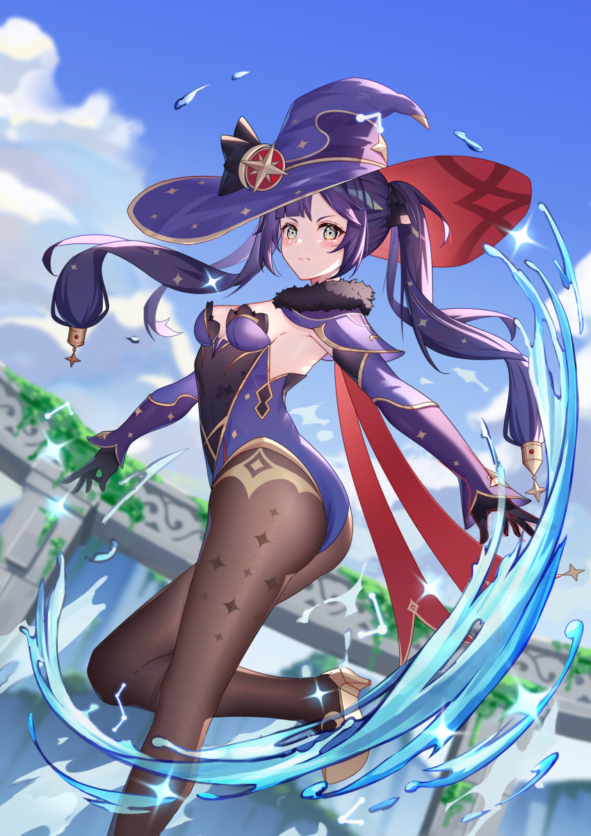 1girl 94_(644534209) ass black_gloves black_hair black_legwear blue_cape blue_headwear blue_leotard blue_sky bodystocking breasts cape covered_navel detached_sleeves elbow_gloves fur_collar genshin_impact gloves gold_trim green_eyes hat hat_ornament highleg highleg_leotard highres leotard long_hair looking_at_viewer medium_breasts mona_megistus pantyhose sky thighlet thighs twintails water witch_hat