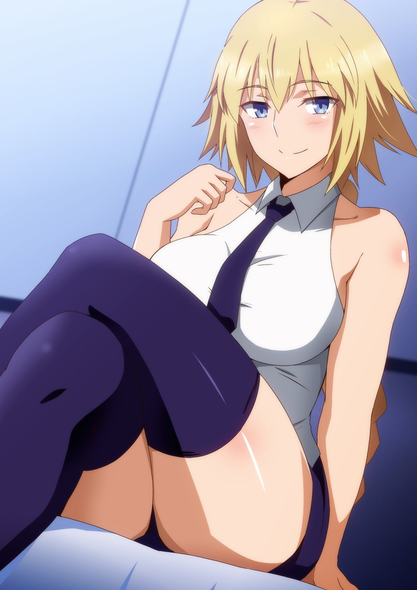 1girl bangs bare_shoulders blonde_hair blue_eyes blue_legwear blue_shorts blush braid breasts collarbone collared_shirt crossed_legs fate/apocrypha fate_(series) hara_(harayutaka) highres jeanne_d'arc_(fate) jeanne_d'arc_(fate)_(all) long_braid long_hair looking_at_viewer necktie shirt shorts single_braid sitting sleeveless sleeveless_shirt smile thigh-highs thighs very_long_hair white_shirt