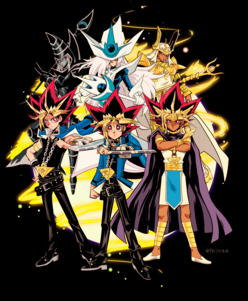 arm_at_side armlet atem belt black_footwear black_hair black_pants black_shirt blonde_hair blue_jacket cape chain character_request clenched_hand closed_mouth crossed_arms dark_magician dark_skin dark_skinned_male duel_disk duel_monster flats gender_request hand_up highres jacket jewelry knees long_sleeves looking_at_viewer millennium_puzzle mutou_yuugi open_clothes open_jacket pants phil_vzq purple_cape shirt shoes spiky_hair white_footwear yami_yuugi yu-gi-oh! yu-gi-oh!_duel_monsters
