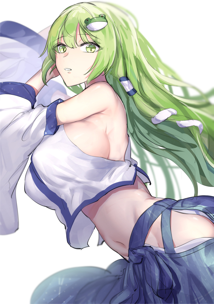 1girl absurdres bare_shoulders blue_skirt bow breasts detached_sleeves frog_hair_ornament green_eyes green_hair groin gunnjou_yosio hair_bow hair_ornament hair_tubes handheld_game_console highres hip_vent kochiya_sanae leaning_forward long_hair long_skirt looking_at_viewer midriff navel nintendo_ds no_bra no_panties nontraditional_miko shirt sideboob skirt sleeveless sleeveless_shirt snake_hair_ornament solo touhou white_shirt