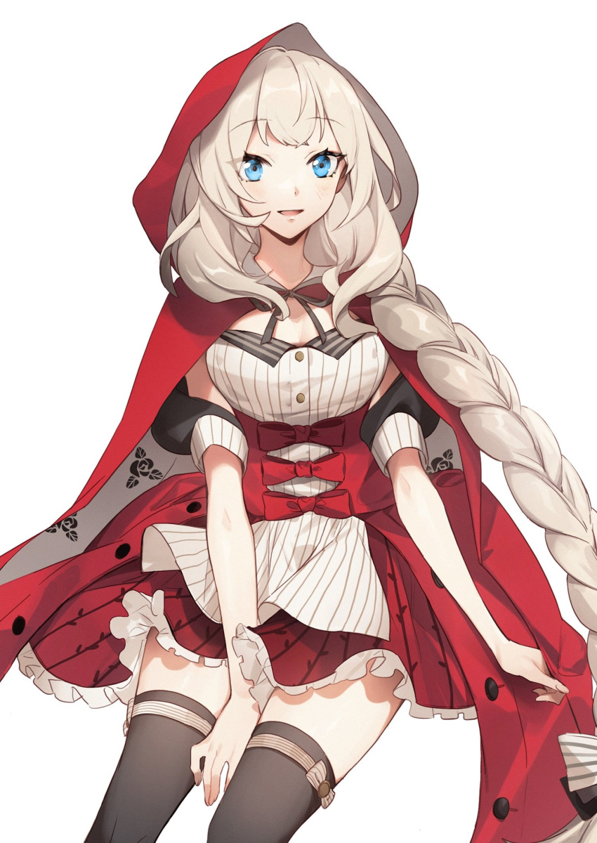 1girl bangs belt black_legwear blue_eyes braid braided_ponytail breasts capelet fate/grand_order fate_(series) highres hood hooded_capelet little_red_riding_hood long_hair looking_at_viewer marie_antoinette_(fate) no-kan open_mouth ribbon silver_hair simple_background skirt solo white_background