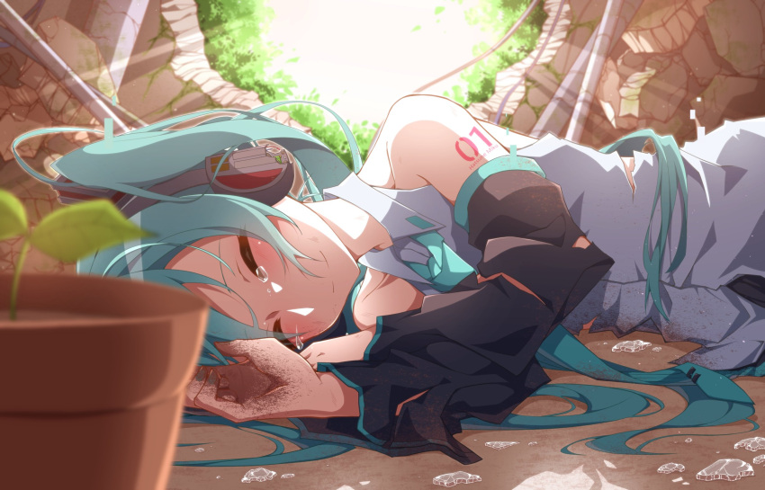 1girl aosaki_yato aqua_hair aqua_necktie backlighting bare_shoulders black_sleeves blurry blurry_foreground blush broken_glass cable collarbone cracked_glass crying depth_of_field detached_sleeves digital_dissolve dirty_hands flower_pot foliage glass glass_shards grey_shirt hair_ornament happy_tears hatsune_miku headphones headset hello_planet_(vocaloid) highres light_rays long_hair lying mud necktie number_tattoo on_side ruins shirt shoulder_tattoo sleeveless sleeveless_shirt solo sprout sunbeam sunlight tattoo tears torn_clothes torn_shirt twintails very_long_hair
