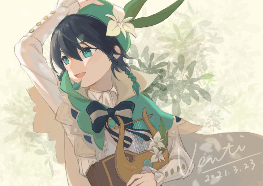 1boy absurdres androgynous arm_up bangs beret black_hair blue_hair boluo_bao_buyao_boluo bow braid brooch cape character_name collared_cape collared_shirt commentary_request corset dated eyebrows_visible_through_hair flower frilled_sleeves frills gem genshin_impact gradient_hair green_eyes green_headwear hat hat_flower highres holding holding_clothes holding_hat holding_instrument instrument jewelry leaf long_sleeves looking_to_the_side lyre male_focus multicolored_hair open_mouth shirt short_hair_with_long_locks simple_background smile solo twin_braids venti_(genshin_impact) white_flower white_shirt