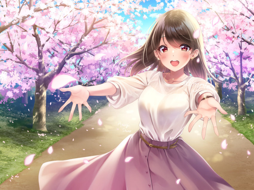 1girl amagi_shino arms_up artist_name belt blue_sky blush breasts brown_eyes brown_hair cherry_blossoms clouds commentary_request cowboy_shot day earrings eyebrows_visible_through_hair glint hanami jewelry leaning_to_the_side looking_at_viewer medium_breasts necklace open_mouth original outdoors outstretched_arms petals pink_skirt sample shirt skirt sky sleeves_past_elbows solo standing tree upper_teeth walkway watch watch white_shirt wind wind_lift