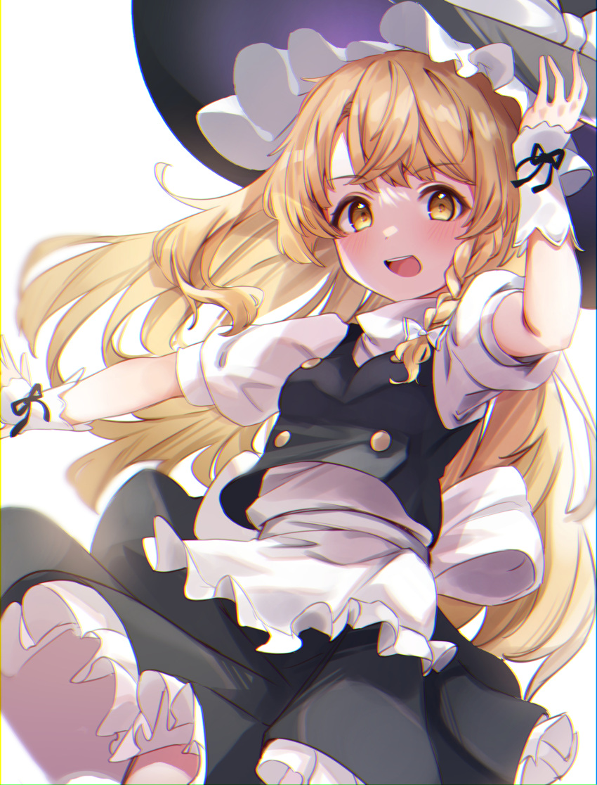 1girl :d apron azuma_hiryu bangs black_ribbon black_skirt black_vest blonde_hair bloom blurry blush bow braid breasts buttons commentary_request cowboy_shot depth_of_field eyebrows_visible_through_hair frills hair_bow hair_ribbon hand_on_headwear hand_up hat hat_bow highres kirisame_marisa long_hair looking_at_viewer open_mouth outstretched_arm petticoat puffy_short_sleeves puffy_sleeves ribbon short_sleeves side_braid simple_background single_braid skirt small_breasts smile solo touhou tress_ribbon vambraces very_long_hair vest waist_apron white_apron white_background white_bow witch_hat wrist_guards yellow_eyes