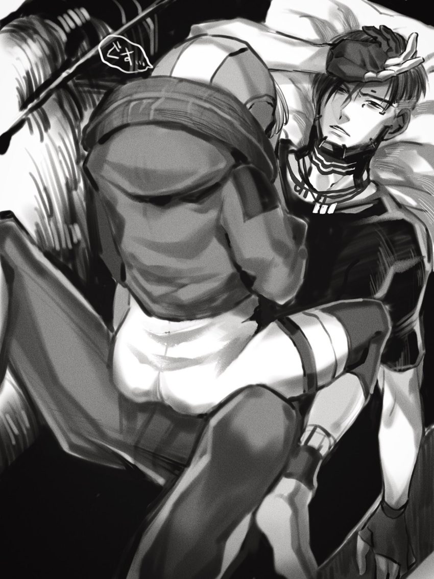 1boy 1girl apex_legends ass bodysuit collarbone crypto_(apex_legends) girl_on_top gloves greyscale hetero highres hood hooded_jacket jacket jewelry monochrome mozuwaka necklace open_hands parted_hair parted_lips partially_fingerless_gloves shirt sitting sitting_on_person sketch undercut wattson_(apex_legends)