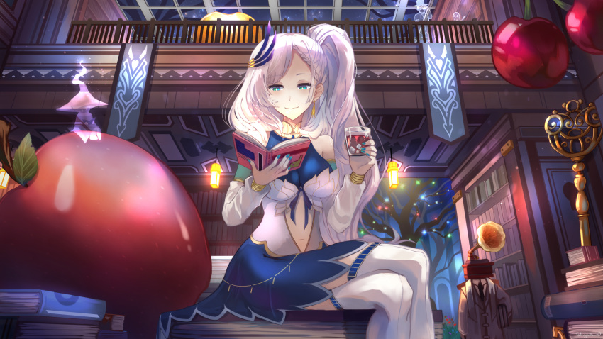 1girl absurdres apple aqua_eyes banner bare_shoulders book bookshelf braid breasts cherry earrings food fruit gem ghost glass highres hololive hololive_indonesia jewelry large_breasts library navel pavolia_reine phonograph pillow reading side_ponytail silver_hair solo takuyarawr tree
