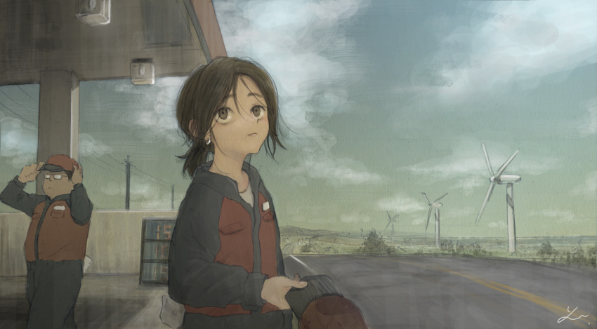 1boy 1girl absurdres brown_eyes brown_hair building earrings glasses hat highres holding holding_clothes holding_hat horizon huge_filesize jewelry long_sleeves original outdoors plant ponytail road signature solo_focus wind_turbine yureru_(junn7603)