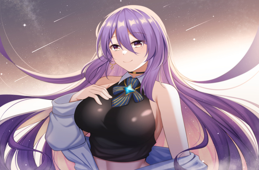 1girl absurdres breasts crop_top guardian-panda hand_on_own_chest highres hololive hololive_indonesia large_breasts long_hair midriff moona_hoshinova off_shoulder purple_hair shooting_star sky smile star_(sky) starry_sky virtual_youtuber