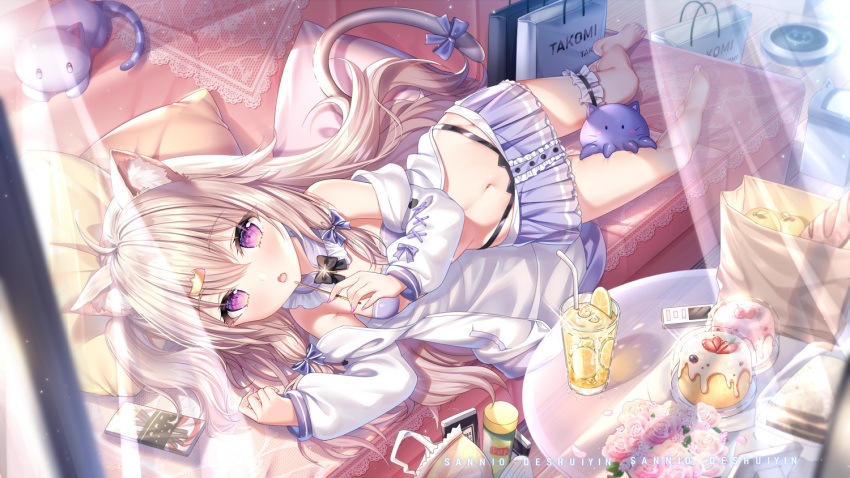 1girl :o ahoge animal_ear_fluff animal_ears bandeau bare_shoulders black_panties bow bowtie cake cat_ears couch cup curtains detached_collar drinking_glass fang food hair_ornament hairclip highleg highleg_panties indie_virtual_youtuber jacket leg_garter long_hair long_sleeves looking_at_viewer lying midriff miniskirt navel off_shoulder on_couch on_side open_clothes open_jacket open_mouth panties pleated_skirt purple_skirt sannio skirt solo stomach strapless string_panties table tail tail_bow tail_ornament thighs tubetop underwear violet_eyes virtual_youtuber white_jacket