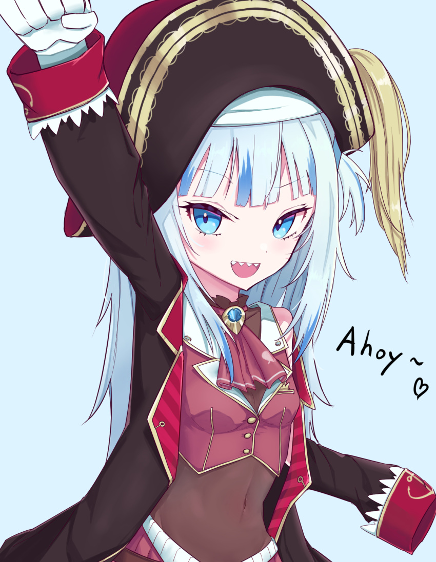 1girl :d arm_up ascot bicorne black_coat blue_eyes blue_hair breasts brooch buttons coat cosplay cropped_jacket gawr_gura gold_trim hat highres hikap hololive hololive_english houshou_marine houshou_marine_(cosplay) jacket jewelry leotard leotard_under_clothes long_hair long_sleeves looking_at_viewer multicolored_hair off_shoulder open_mouth pirate red_jacket red_neckwear see-through sharp_teeth sheer_leotard silver_hair sleeveless sleeveless_jacket small_breasts smile solo streaked_hair teeth two_side_up virtual_youtuber