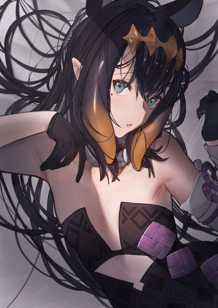 1girl absurdres animal_ears bare_shoulders bed_sheet betabeet black_dress black_gloves black_hair blue_eyes blush detached_sleeves dress flat_chest fur_collar gloves gradient_hair highres hololive hololive_english looking_at_viewer mole mole_under_eye multicolored_hair ninomae_ina'nis open_mouth orange_hair pointy_ears sheet_grab single_detached_sleeve solo strapless strapless_dress tentacle_hair upper_body virtual_youtuber