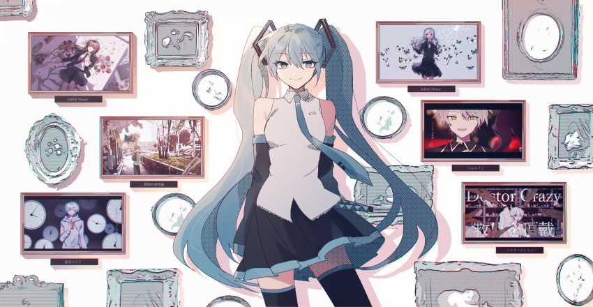 1girl absurdres annotation_request bangs bare_shoulders black_legwear black_skirt black_sleeves blue_eyes blue_hair blue_neckwear closed_mouth collared_shirt commentary danjou_sora detached_sleeves eyebrows_visible_through_hair hair_between_eyes hatsune_miku highres huge_filesize long_hair long_sleeves looking_at_viewer necktie picture_frame pleated_skirt shirt skirt sleeveless sleeveless_shirt smile solo song_request thigh-highs tie_clip twintails very_long_hair vocaloid white_shirt