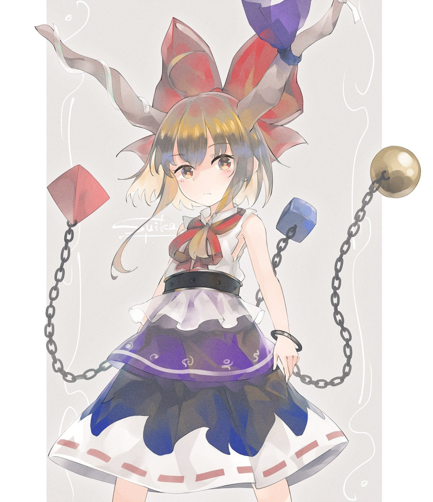 1girl ahoge alternate_hair_length alternate_hairstyle bangs bare_shoulders bow bowtie chain closed_mouth commentary_request cuffs expressionless eyebrows_visible_through_hair feet_out_of_frame flat_chest highres horn_ornament horn_ribbon horns ibuki_suika looking_at_viewer o_(crazyoton46) oni_horns purple_ribbon purple_skirt red_bow red_neckwear ribbon shackles shirt short_hair_with_long_locks simple_background skirt solo standing torn_clothes touhou white_background white_shirt