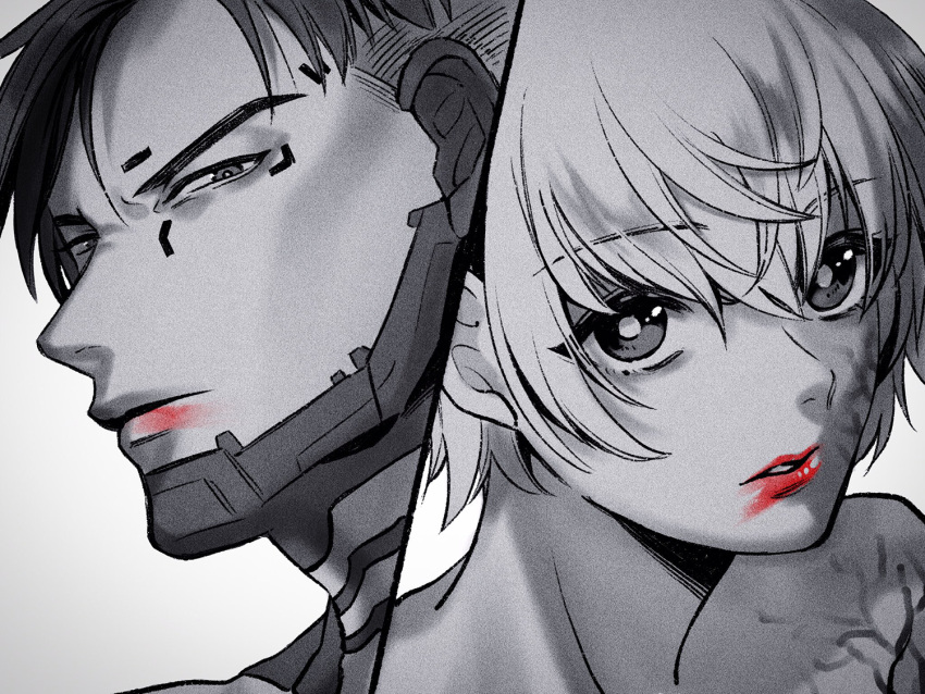 1boy 1girl apex_legends bangs crypto_(apex_legends) eyebrows_visible_through_hair lipstick lipstick_mark looking_down looking_up makeup monochrome mozuwaka parted_hair red_lips scar scar_on_arm scar_on_cheek scar_on_face short_hair spot_color undercut upper_body wattson_(apex_legends)
