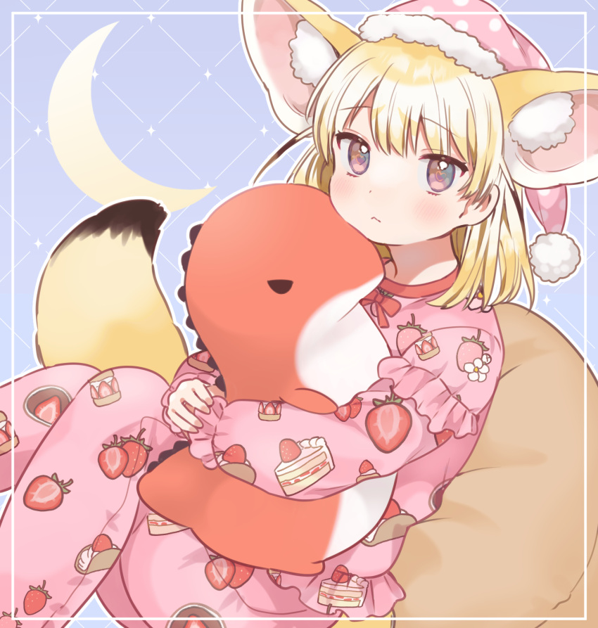 1girl :&lt; alternate_costume animal_ear_fluff animal_ears blonde_hair blush bow bowtie brown_hair commentary_request extra_ears eyebrows_visible_through_hair fennec_(kemono_friends) food_print fox_ears fox_girl fox_tail frilled_sleeves frills fur_trim hat highres kemono_friends long_sleeves looking_at_viewer multicolored_hair nightcap pajamas pants pillow pink_headwear pink_pajamas puffy_sleeves red_neckwear short_hair sitting solo strawberry_print stuffed_toy suicchonsuisui tail white_fur white_hair