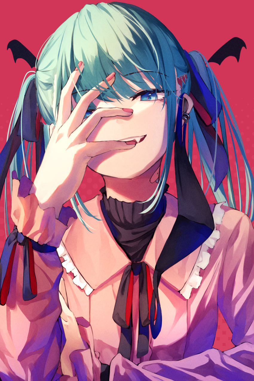 1girl absurdres aqua_hair bangs bat_wings black_neckwear black_ribbon blue_eyes breasts covering_face ear_piercing earrings eyebrows_visible_through_hair fangs frilled_shirt_collar frills hand_up hatsune_miku head_wings highres jewelry looking_at_viewer nail_polish parted_lips piercing pink_nails pink_shirt red_background ribbon shirt shun'ya_(daisharin36) simple_background small_breasts smile solo swept_bangs upper_body vampire vocaloid wings