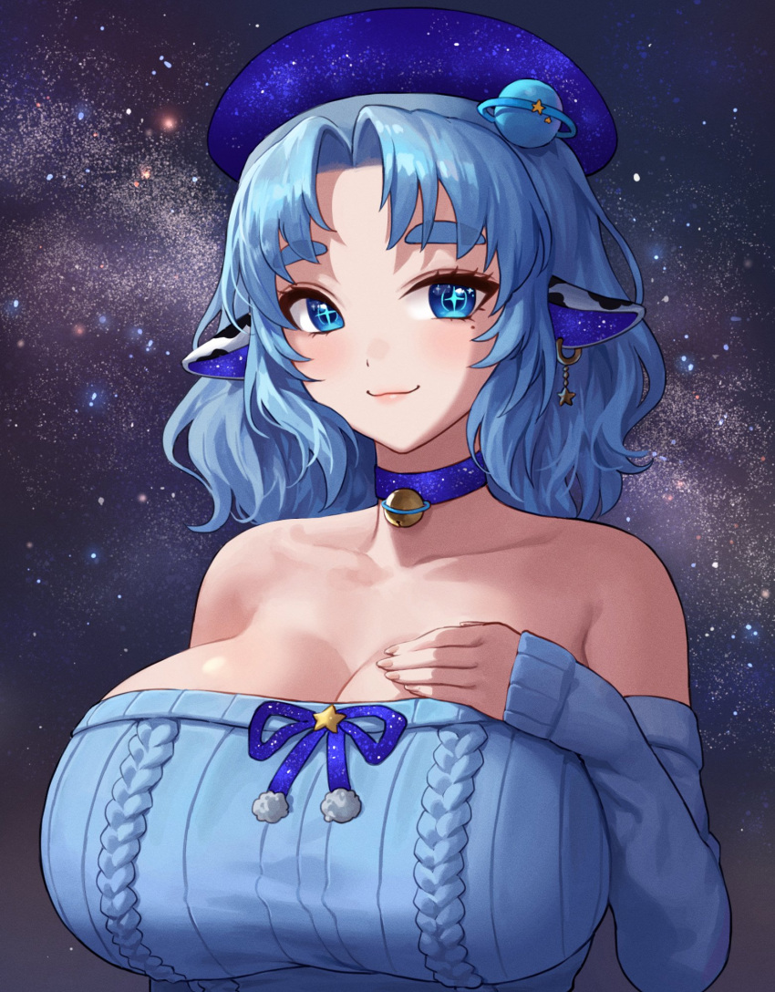 1girl animal_ears aran_sweater arm_at_side bangs bare_shoulders blue_choker blue_eyes blue_hair blue_ribbon blue_sweater breasts character_request choker closed_mouth collarbone commentary cow_ears cow_girl cow_horns detached_sleeves earrings english_commentary eyebrows_visible_through_hair eyelashes hand_on_own_chest hat highres horns jewelry large_breasts long_sleeves looking_at_viewer medium_hair mole mole_under_eye nhaliz night night_sky original parted_lips planet_hair_ornament pom_poms ribbed_sweater ribbon short_eyebrows sky solo star_(sky) star_(symbol) star_earrings starry_sky sweater virtual_youtuber