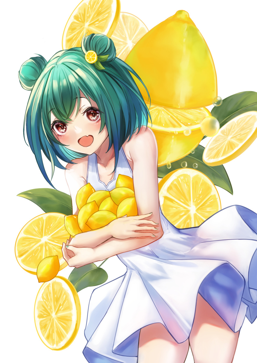 1girl absurdres arenoyoni bare_arms bare_shoulders commentary_request cowboy_shot double_bun dress fang fang_out food food_themed_hair_ornament fruit green_hair hair_bun hair_ornament highres holding holding_food hololive lemon lemon_hair_ornament lemon_slice looking_at_viewer open_mouth red_eyes short_hair simple_background skin_fang sleeveless sleeveless_dress smile solo sundress uruha_rushia virtual_youtuber white_background white_dress